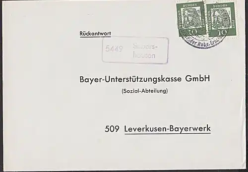 Sabershausen Poststellenstempel auf Rückantwortbrief an Bayerwerk Leverkusen Albrcht Dürer