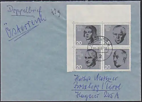 BRD 20. Jahrestag Attentat auf Adolf Hitler Auslands-Doppelbrief nach Brixlegg Tirol vom Ersttag FDC