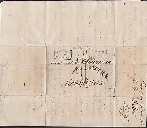 Hamburg "T.T.R.4." Montpellier Altbrief 14.1.1824 Grenzübergabe Allemagne Strasbourg passage de la frontiere