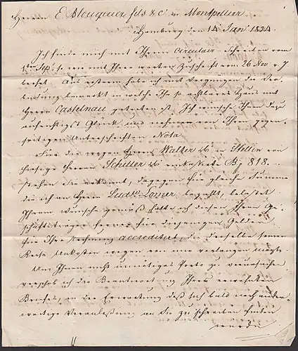 Hamburg "T.T.R.4." Montpellier Altbrief 14.1.1824 Grenzübergabe Allemagne Strasbourg passage de la frontiere