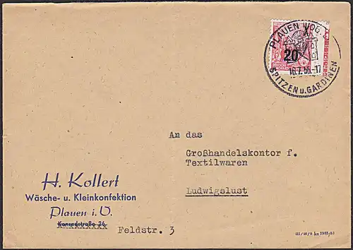 Plauen(Vogtl) WSt. "Spitzen und Gardinen" 1955 DDR 20 auf 24 Pf Randstück mit Farbleiste Brief