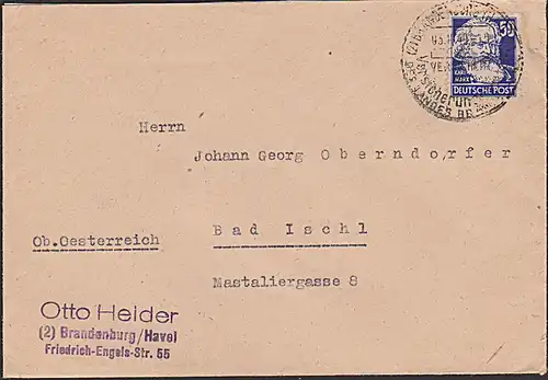 Brandenburg (Havel) 50 Pf Karl Marx Versicherungs-SSt. auf Auslandsbrief nach Bad Ischl portogenau 3.11.49