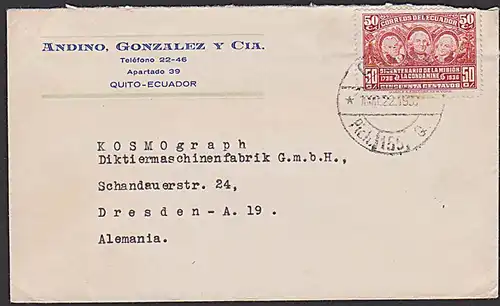 Ecuador Quito letter to Alemania Dresden Diktiermaschinenfabrik KOSMOGRAPH