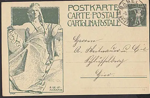 Schweiz Carte postale 1909 GA-Karte aus Basel sign. Künstlerkarte Sitzende Helvetia aus Basel als Ortskarte Tellknabe