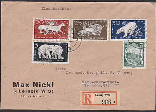 Leipzig R-Doppelbrief mit SoMkn Tierpark Berlin Büffel Eisbär Elefant und Dresden Altmarkt, portogenau