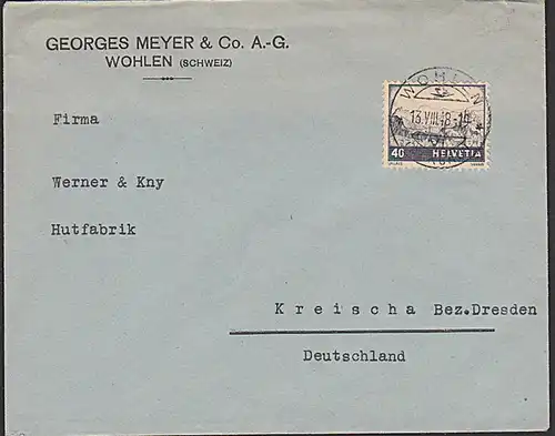 Helvetia WOHLEN (Schweiz) 40 C. Flugzeug über Wallis (Mi. 388) Auslandsbrief nach Kreischa Sachsen 1948