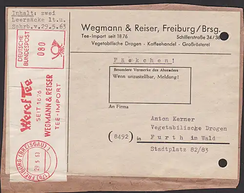 Freiburg (Breisgau) AFS=DBP 080= 29.5.63 Päckchen-Adresse "Weref Tee seit 1876 Wegmann &amp; Reiser TEE-IMPORT"