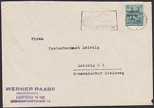 SBZ MWSt. Leipzig "Achtet auf den Kartoffelkäfer!"  Währungsreform 1948 Sowjetische Besatzungszone Ortsbrief
