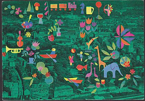 CAK Karlsruhe Bundesgartenschau 1967 offizielle Karte mit EUROPA-Marke, Musikinstrumente Trompete Elefant