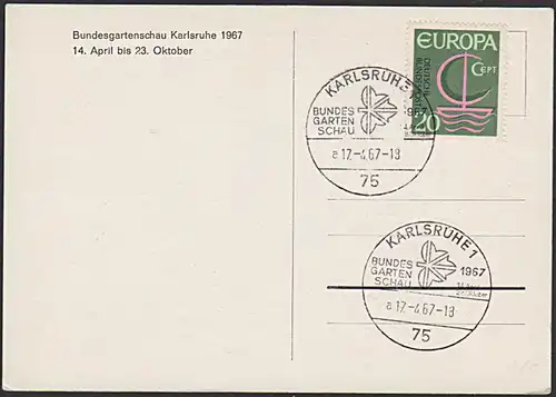 CAK Karlsruhe Bundesgartenschau 1967 offizielle Karte mit EUROPA-Marke, Musikinstrumente Trompete Elefant