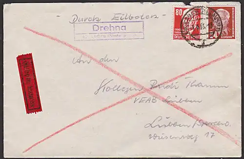 DREHNA üb. Luckau (Niederlausitz), Poststellenstempel Eilsendung mit 80 Pf rot Ernst Thälmann (Mi. 340)