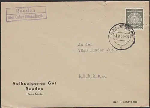 REUDEN über Calau (Niederlausitz), Poststellenstempel Volkseigenes Gut  Dienstpostbrief 1.8.1958