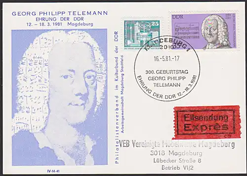 MC Georg Philipp Telemann  Ehrung in der DR 1981 SoSt. Magdeburg Orts-Eil-Sendung auf Zudruckkarte