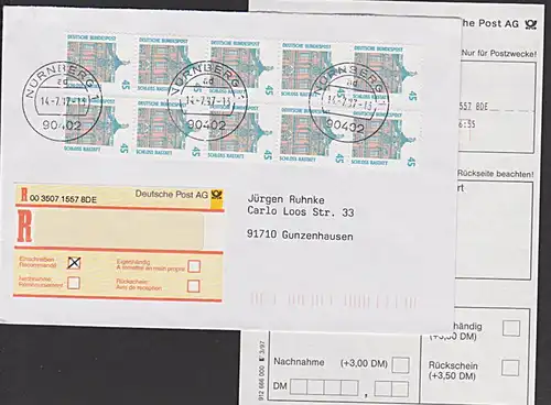 Schloss RASTATT R-Bf aus Nürnberg mit Einlieferungsschein je 2 Fünferstreifen von Rolle BRD 45 Pf (Mi. 1468(10))
