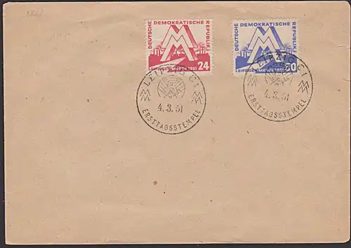 Leipzig DDR Leipziger Messe 1951 SoSt. Ersttag mit Logo 5-Jahrplan FDC Nr.  (Mi. 282-283 100,- Katalog)