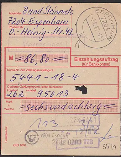 ESPENHAIN auf Einzahlungauftrag 1987 mit Stempel "Verrechnet" (also ohne Postwertzeichen) 3.12.87 PSSt.