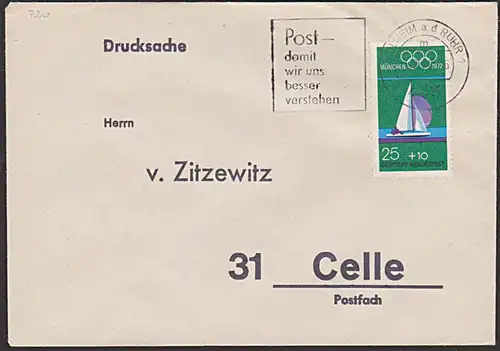 Olympische Spiele 1972 München 25+10 Pf (MiNr. 720) Segeln MWSt. Mühlheim a.d. Ruhr "Post - damit wir uns besser.."