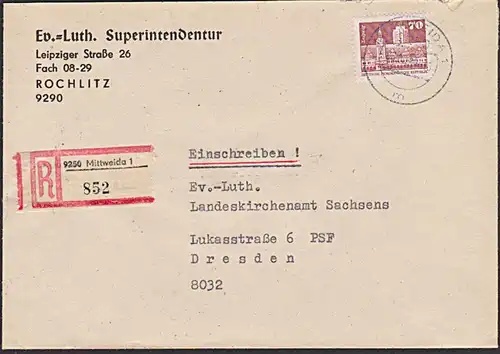 Mittweida Superintendentur DDR 70 Pf Leipzig Rathaus R-Bf nach Dresden