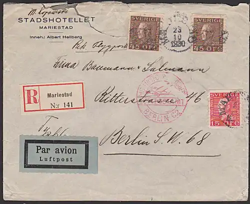 Mariestad Sweden Stadshotellet Par Avion R-Bf 1930 "Mit Luftpost befördert Berlin C2"