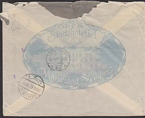 Mariestad Sweden Stadshotellet Par Avion R-Bf 1930 "Mit Luftpost befördert Berlin C2"