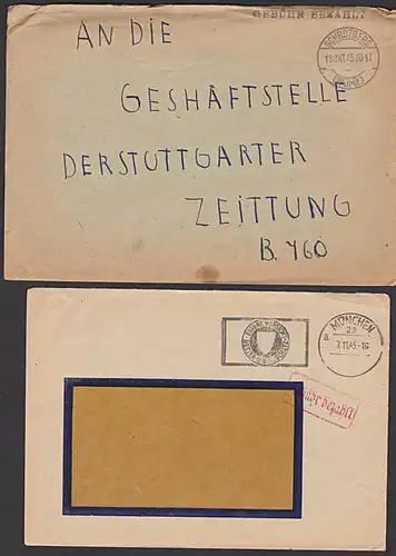 SCHROZBERG (Württ.) "Gebühr  bezahlt" Barfrankatur 1945 Notmassnahmen, München MWSt. "Eigene Vorsicht..."