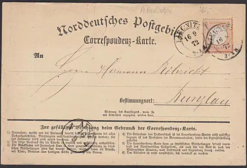DR LIEGNITZ 1/2 Groschen auf Correspondenz-Karte 1872 MiNr. 14 kleiner Brustschild nach Bunzlau