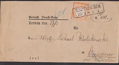 DR KROTOSCHIN  1/2 Groschen Großer Brustschild auf Briefausschnitt vom Kreisgericht 1874 MiNr. 18