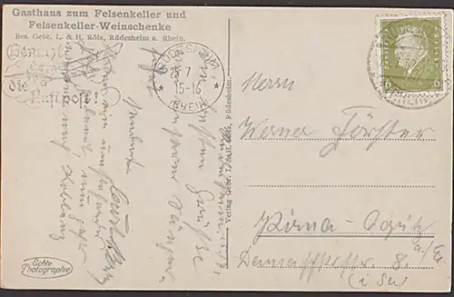 Rüdesheim Gasthaus zum Felsenkeller Felsenkeller-Weinschenke MWSr. "Benutzt die Luftpost" Echte Photographie 1932