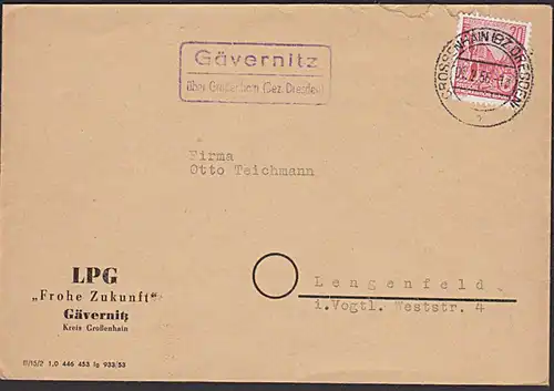Gävernitz über Großenhain (Bez. Dresden) Poststellenstempel 1956, Abs. LPG "Frohe Zukunft"