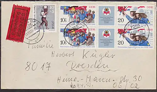 Nationales Jugendfestival der DDR 1984 auf Eilbrief, portogenau MiNr. 2878/9(2), Zdr., Freie Deutsche Jugend FDJ