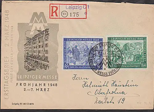 EA FDC R-Bf Leipzig Frühjahrsmesse 1948 nach Oberfrohna, rs. Eingangsstempel MiNr. 967/8