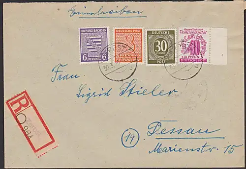 Solidarität 40 Pfg. von West-Sachsen auf portogenauem R-Brief aus Zerbst n. Dessau, rs. Eingangsstempel, Aushilfs-R-Z.