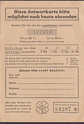 Braunschweig 1 Pf Hindenburg auf Preussisch - Süddeutscher Staatslotterie, Vordruckkarte  mit eingedruckter lfd. Nummer