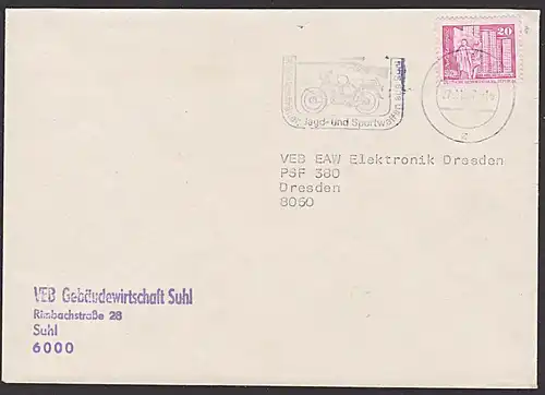 SUHL MWSt. "Kleinkrafträder, Jagd- und Sportwaffen aus Suhl" 1987 Abb. Motorrad und Gewehr mit Zielrohr