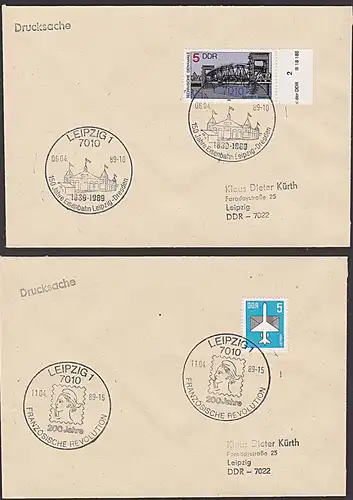 Leipzig 2 SoSt. 150 Jahre Eisenbahn Leipzig Dresden, 200 Jahre Französiche Revolution  auf Drucksache