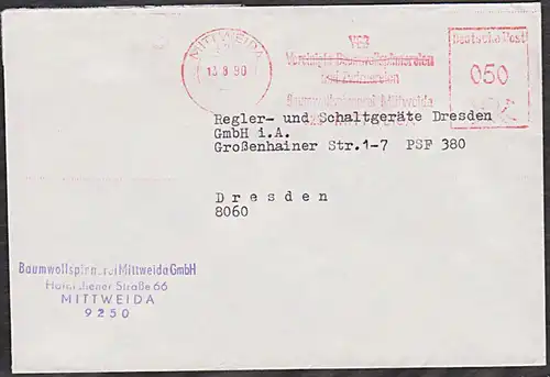 MITTWEIDA noch VEB, neu: Baumwollspinnerei  GmbH, Währungsunion 13.8.1990 "Vereinigte ... " gestrichen