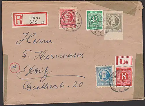 SBZ 30 Pf Johann Wolfgang von Goethe und 42 Pfg Ziffer EA auf R-Bf aus Erfurt, MiNr. 99B, EA Nr. 930