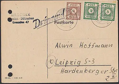 OPD Ostsachsen 5 Pf(2)  Fern-Karte aus Dresden nach Leipzig , Aktenlochung, Z1 "Dringend"
