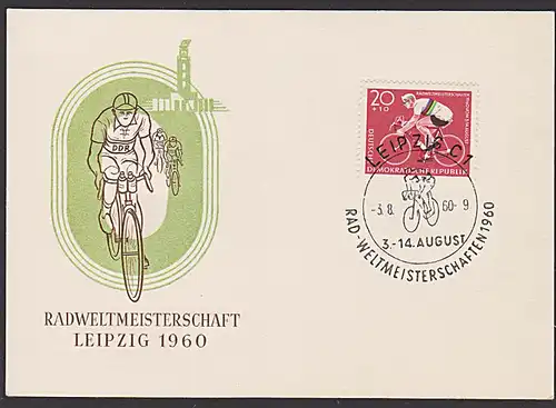 MC DDR Radsport Maxkarte MC Rad-Weltmeisterschaft Leipzig 1960 auf Anlasskarte mit Stadion und Glockenturm