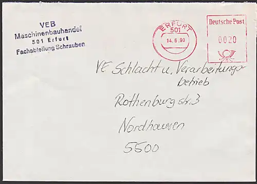 BRD AFS =DP 0020= Erfurt Juni 1990 Abs. noch VEB im Stempel, in AFS aptiert, kurz vor Währungsunion am 1.7.90