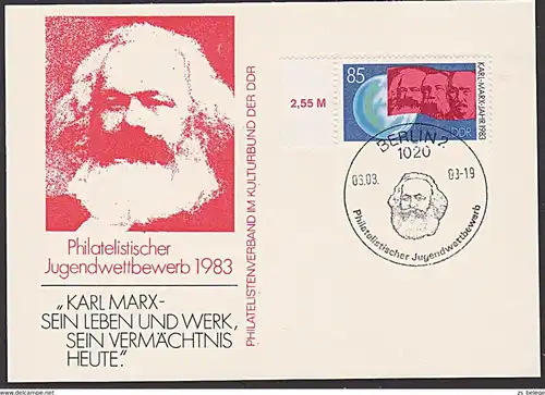 MC DDR Maxkarte 1983 Philatelistischer Jugendwettbewerb "Karl-Marx sein Leben und Werk, sein Vermächtnis"