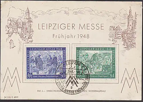 Leipzig Frühjahresmesse 1948 auf Schmuckkarte mit SSt. vom Ersttag FDC