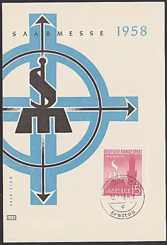 MC Maxkarte Saarland Saarmesse 1958 vom Ersttag MiNr. 435 Künstlerkarte
