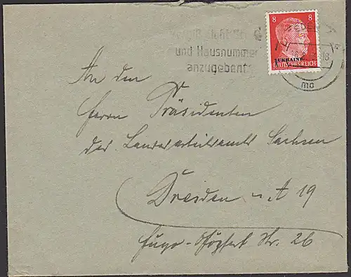 Ukraine MiNr. 6 ,8 Pf. Hitler mit Aufdruck MWSt. Dresden "Vergiss nicht Straße und Hausnummer anzugeben" 1943