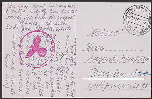 Pilsen Feldpost Dt. Dienstpost Böhmen-Mähren apt. Briefstempel 1940 auf Ak Rokycany Markplatz Rokitzan