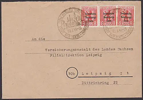 WERDAU (SACHS) "Stadt der Textilindustrie" Abb. Rathaus und Schornsteine" 3.3.49, MiNr. 201A(3)