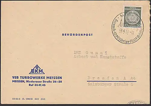 MEISSEN Behördenpost WST. "Keramik 1000jährige Stadt Weinbau" Dienstpostbrief von VEB Turbowerke EKM