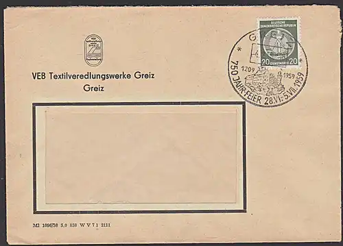 GREIZ SST. "750 Jahr-Feier 1209 - 1959" Dienstpostbrief von VEB Textilveredlungswerk