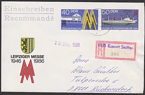 Leipziger Messe 1986, DDR U4 R- Bf aus Kurort Seiffen nach der BRD Rückersdorf, Aushilfs-R-Zettel