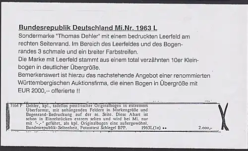 BRD MiNr. 1963L Thomas Dehler mit bedrucktem Leerfeld - ausführliche Beschreibung im 2. Bild